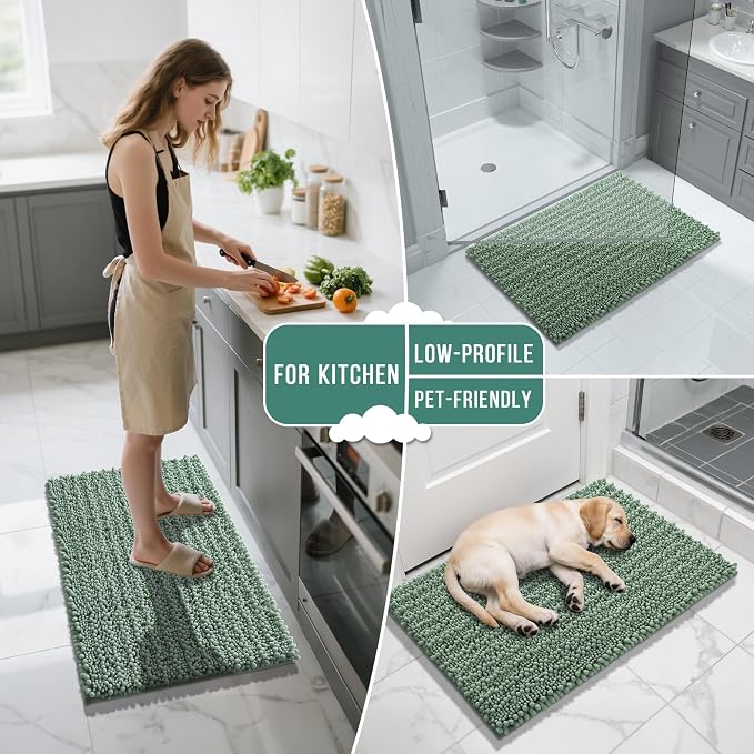 Yimobra Long Bathroom Rugs Non Slip Washable 44x24 Inch - Ultra Soft Absorbent Chenille Bath Mat, Quick Dry Shaggy Floor Carpet for Tub Shower, Green Home Decor Accessories