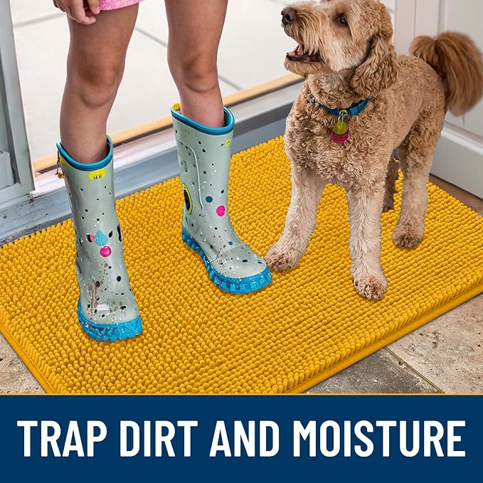 Smiry Dog Door Mat for Muddy Paws 40x32, Absorbent Dirt Trapper, Non-Slip Washable Chenille Entryway Rug for Inside Floor, Golden Yellow, Classic Solid