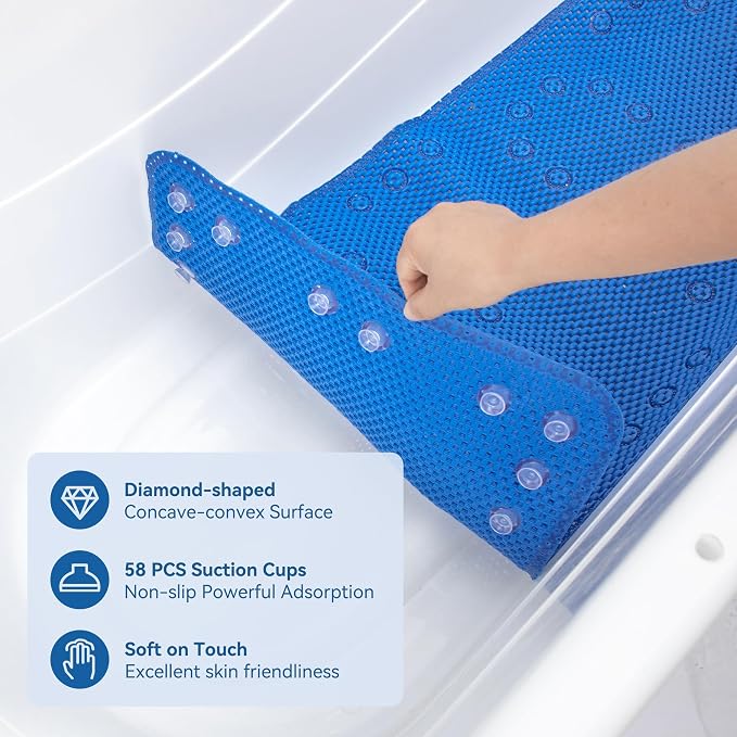Bathtub Mat Non Slip, Soft Foam Bath Mat for Tub, Bathtub Mat with Drain Holes, Suction Cups Shower Mat (Royal Blue, 36''X17'')