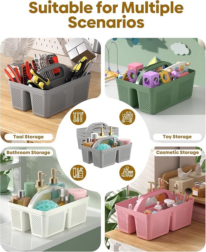 4 Pack Portable Shower Caddy, Integrated Handle, Reinforced Plastic, Organizer Storage Bathroom Supplies and Beauty Products, Cleaning Supplies, Shower Basket for Home, Dorm, Shelf and Cabinet
