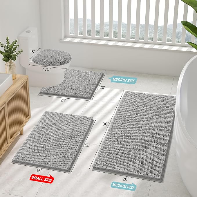 Smiry Luxury Chenille Bathroom Rugs 59x35, Extra Soft and Absorbent Shaggy Bath Mat, Machine Washable, Non-Slip Plush Carpet Runner for Tub, Shower, and Floor, Home Decor Accessories, Light Grey