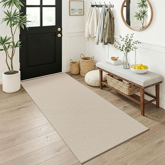 KOZYFLY 3x6 Washable Runner Rug, Non Slip Wide Runners for Hallway, Woven Large Entryway Runners, Braided Floor Carpet Runner for Entry, Kitchen, Bedside, Hall, Ivory/Camel/Brown