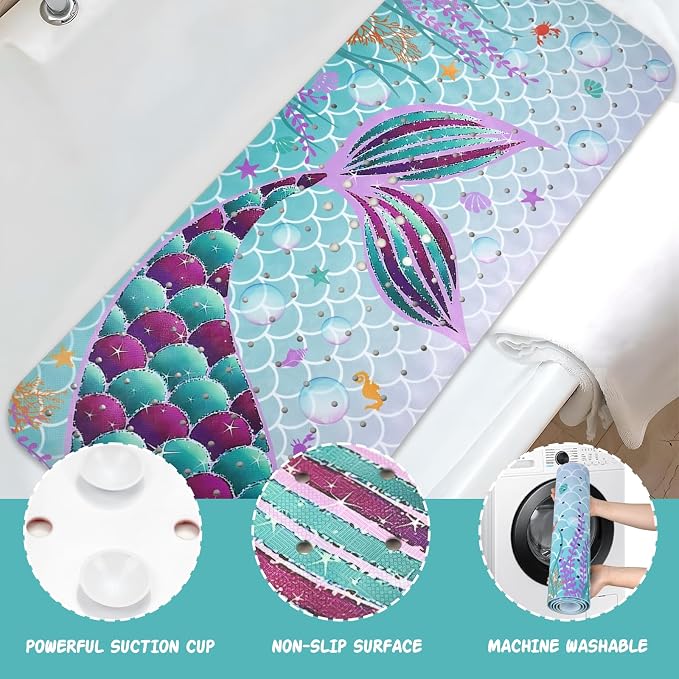 Mermaid Bathtub Mat Non Slip, Cute Baby Bath Mat for Tub Rubber Tub Mat, Kids Bath Mats for Bathroom Little Girls Anti Slip Shower Mat with Suction and Drain Holes Machine Washable, 40″X16″