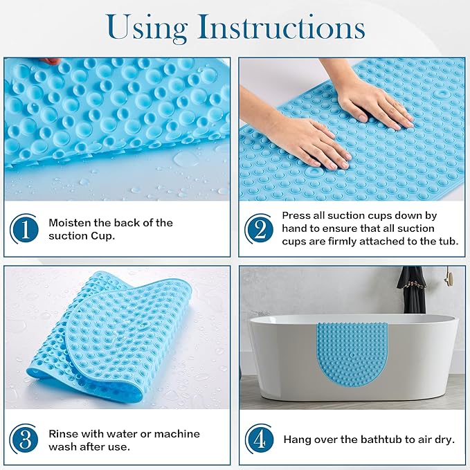 Blue Bath Mat for Tub Non Slip 27x15 - Cushioned Silicone Bubble Pop It Bathtub Mat for Soaking, Anti Skid Shower Mat with Suction Cups, Spa Relaxation, Ocean Color