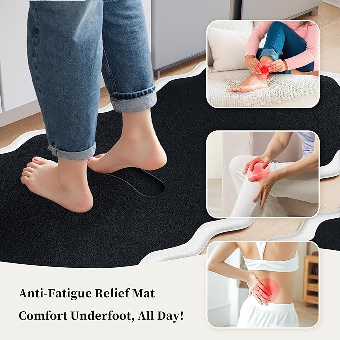Arenarug Scalloped Black White Kitchen Mats Rugs Sets of 2 Cushioned Anti Fatigue Floor Mat Waterproof Kitchen Rugs Non Slip Foam Comfort Standing Mat for Sink Laundry