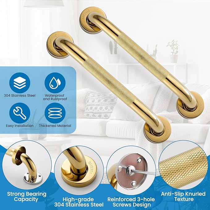 Grab Bars for Shower, Zynuhmo 2 Pack 12 Inch Anti Slip Stainless Steel Bathroom Safety Shower Grab Bar Handrails for Handicap Injury Pregnant Senior Assist Shower Handles(Titanium Gold, 1" Diameter)