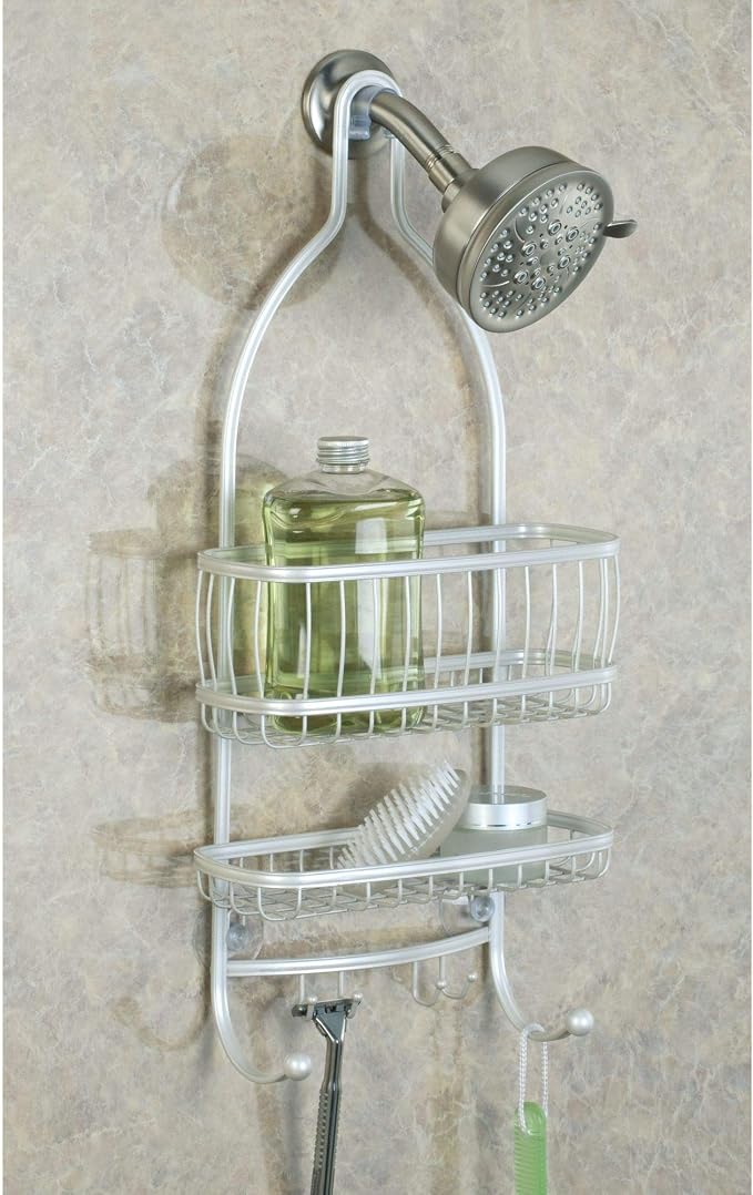 iDesign - 61974 York Metal Wire Hanging Shower Caddy, Extra Wide Space for Shampoo, Conditioner, and Soap with Hooks for Razors, Towels, and More, 10" x 4" x 22", Pearl White