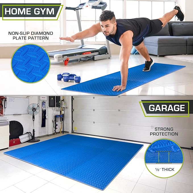 ProsourceFit Exercise Puzzle Mat ½-inch, EVA Interlocking Foam Floor Tiles for Home Gym, Workout Equipment, Kids Play Areas, Blue, 48 SQ FT - 12 Tiles