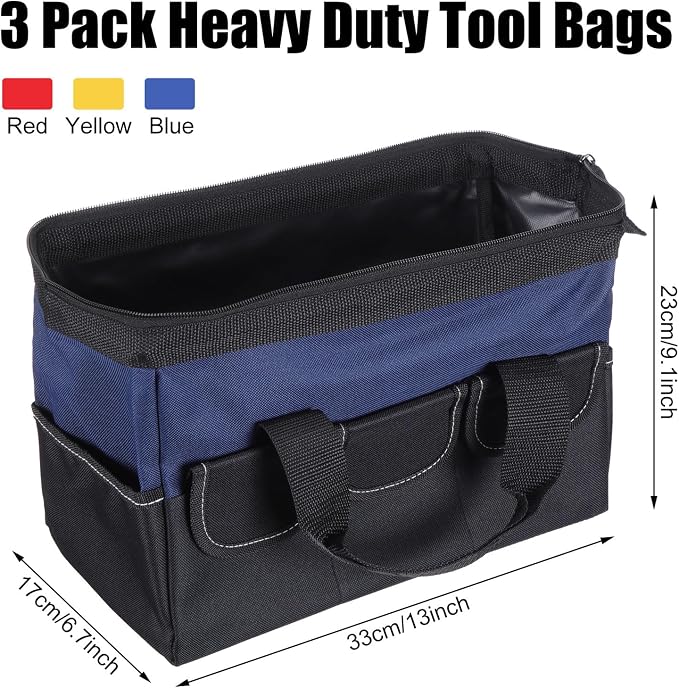 Sanwuta 3 Pack Tool Bag for Men with Waterproof Hard Bottom, Heavy Duty Tool Bag Wide Mouth Tote for Various Instrument, Electrician Carpenter Mechanic (Blue, Red, Yellow,13 Inch,Side Pockets)
