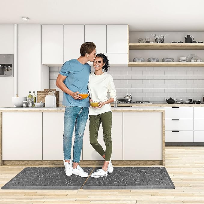 KMAT 2PCS Kitchen Mat Cushioned Anti-Fatigue Floor Mat,Waterproof Non-Slip Standing Mat,Ergonomic Comfort Floor Mat Rug for Home,Office,Sink,Laundry,Desk(17.3"x28"+17.3"x28",Grey)