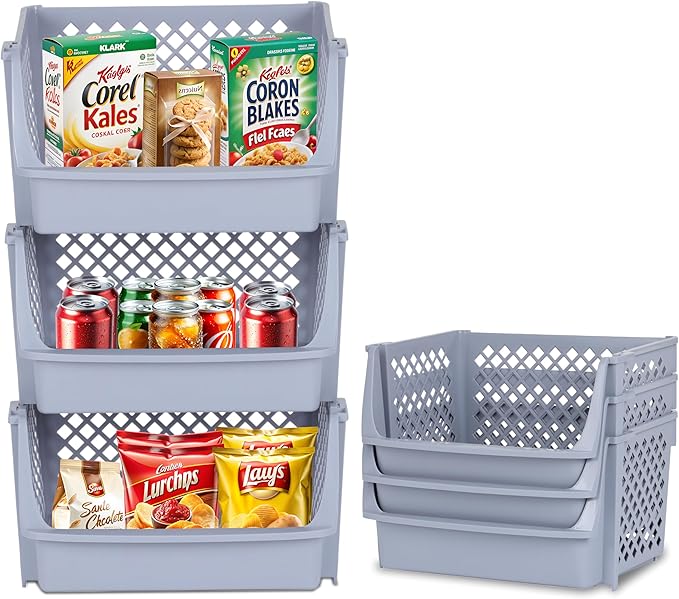 TidyFriend 3 Pk XLarge Stackable Storage Bins Open Front for Pantry Organizers & Storage, Pantry Storage for Food, Kitchen & Home Organization, Plastic Storage Bins, Dorm Room Essentials (Light Grey)