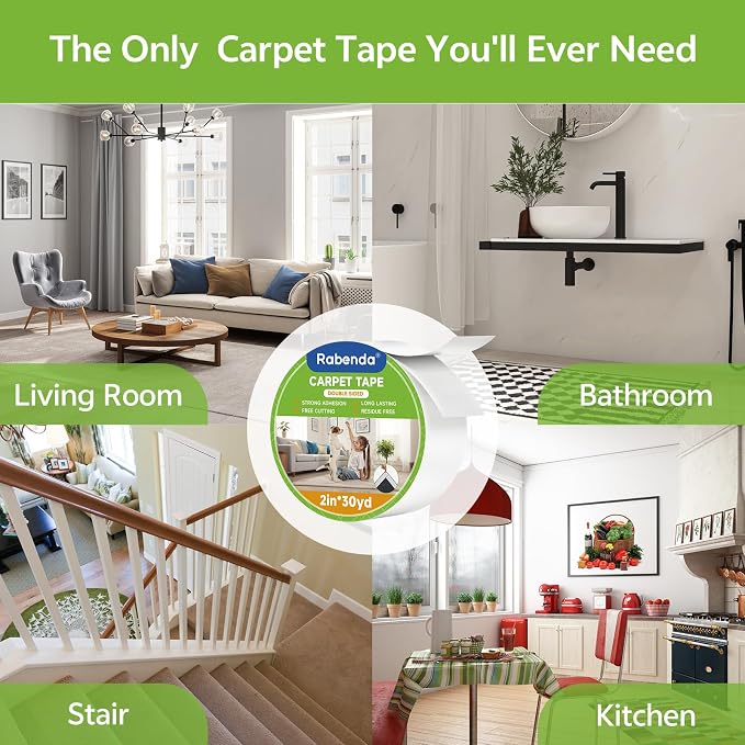 Rabenda Double Sided Carpet Tape - 2 Inch x 30 Yards Removable Rug Tape for Hardwood Floors, Tile & Laminate - No Residue Strong Hold Anti Slip Gripper for Area Rugs, Mats & Carpets