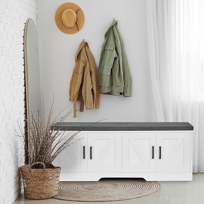 HOMSHO 2-Tier Storage Bench, 47.2" Wide Shoe Bench with Padded Seat Cushion, Entryway Bench with 4 Barn Doors and Adjustable Shelf, White