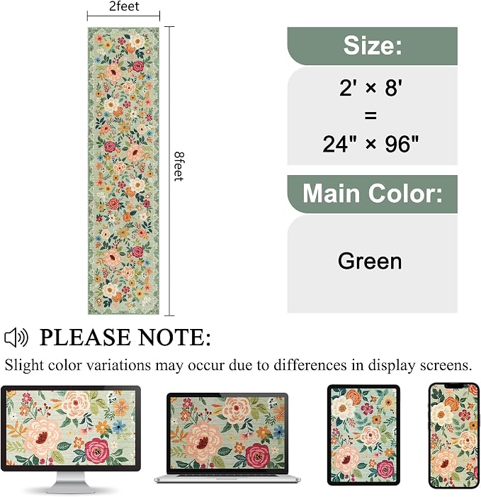 DUKINO 2x8 Runner Rug for Hallway, Washable Kitchen Runner Rug with Rubber Backing Non Slip, Low Pile Soft Boho Floral Thin Carpet for Entryway, Hallway, Bathroom, Laundry Room, Green