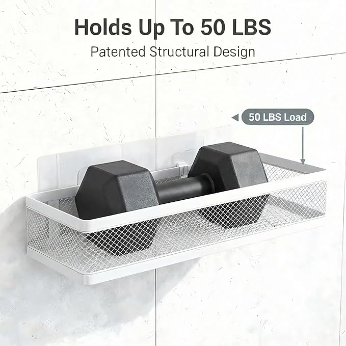 PUSDON 16.5-Inch Extra Long Slim Mesh Shower Caddy, Wall Mounted Bathroom Organizer with Adhesive, Heavy Duty Rustproof Shelf for Narrow Kitchen Pantry & RV, Holds 50 LBS 2-Pack - White Netting