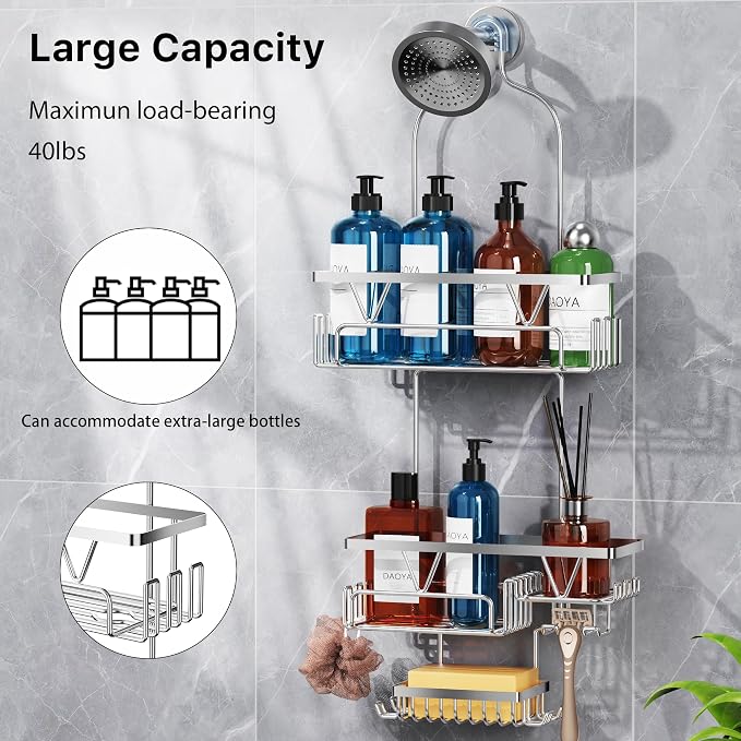 DAOYA Shower Caddy Hanging - Over the Shower Head Caddy with 2 Baskets, Soap Holder & Razor Holder, Non-Slip Rubber Pads, U-Shaped Hooks and Adhesive Pads for Bathroom Organization - Silver