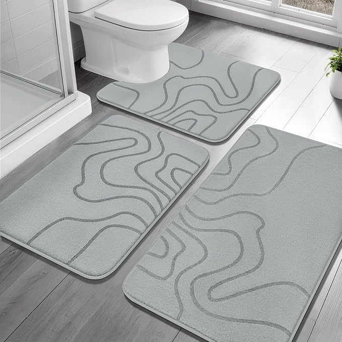YIHOUSE Memory Foam Bathroom Rugs Sets 3 Piece - Extra Thick Ultra Soft Absorbent Bath Mat Set, Non-Slip Machine Washable Bath Rugs for Bathroom, Tub & Shower, Home Decor Accessories, Grey