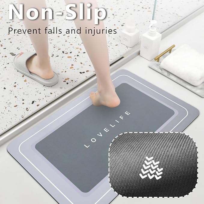 Bath mat Rubber Bathroom Mat-Quick Dry Absorbent Rug Non-Slip Thin Bathroom Rug Instant Dry Magic Bath mats for Bathroom Floor Mat in Front of Bathtub, Sink, Dark Grey, 17x27in