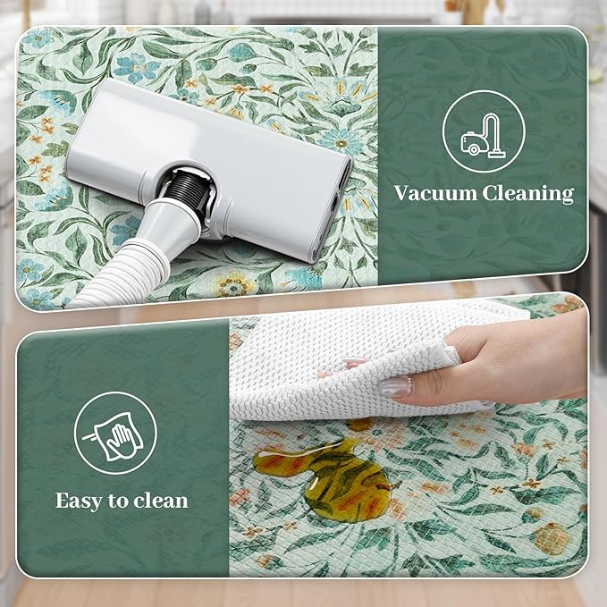 KIMODE Kitchen Mats for Floor Anti Fatigue, Kitchen Floor Mats 17.3"x29"+17.3"x47", Boho Floral Kitchen Rugs Sets of 2, Comfort Padded Rugs for Kitchen Floor Laundry Office Sink Desk Blue Green