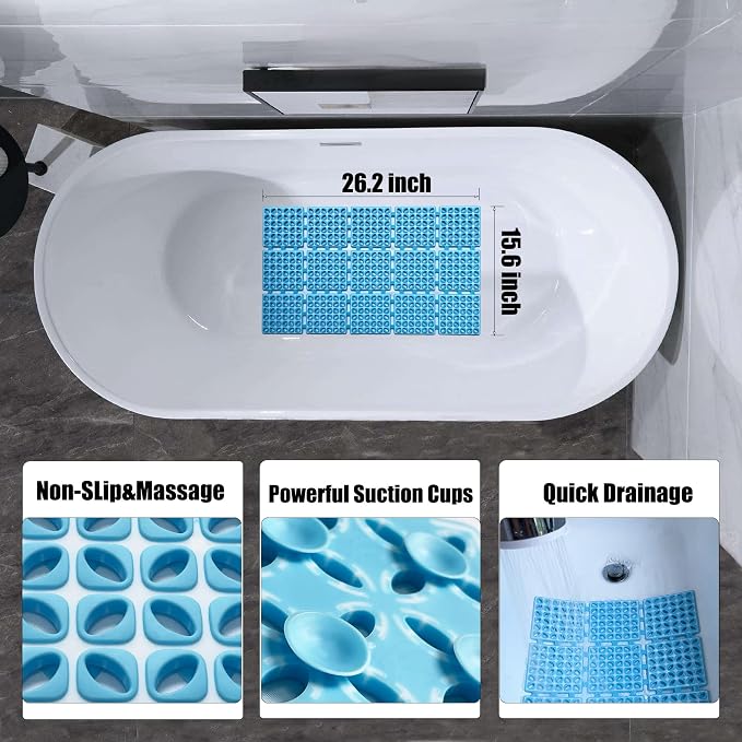 Non Slip Shower Mat for Bathtub with Strong Suction Cups | Quick-Dry Drain holes.Firm Yet Elastic Surface Massages Feet.Boosts Circulation.Sticks to Wall to Dry,Folds.26.2"x15.6" Blue