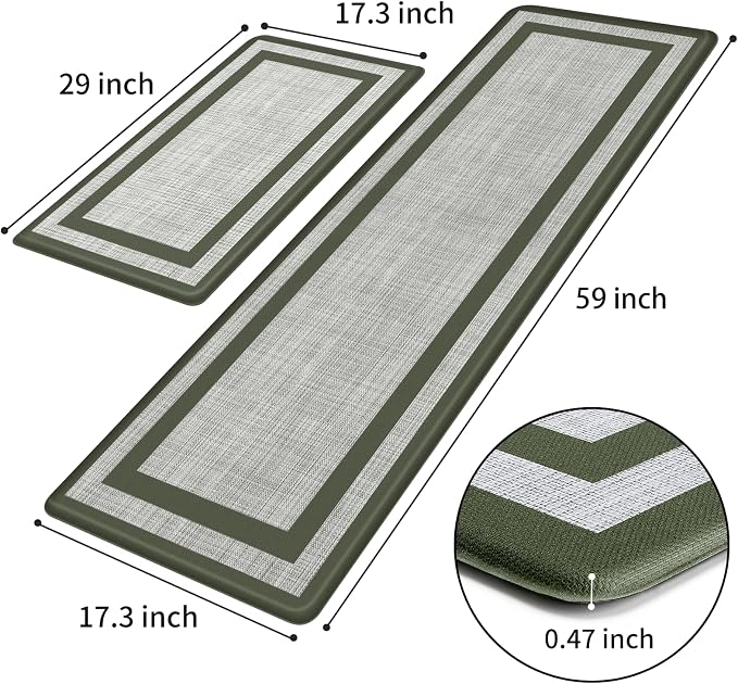Mattitude Kitchen Mats Set of 2 Cushioned Rugs 0.47 inch Thick Anti-Fatigue Mats for Kitchen Floor,Waterproof Non-Slip Mats and Rugs Set for Office,Floor,Laundry 17.3"×29"+17.3"×59",Green