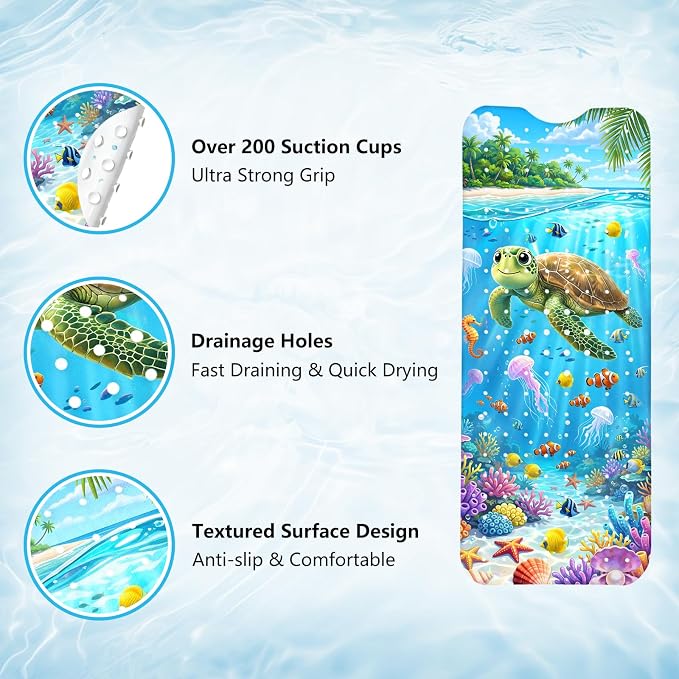 Kids Bath Mat for Tub Non Slip – 40"x16" Cute Cartoon Turtle Baby Bathtub Mats, Machine Washable, Extra Long Tub Mats with Suction Cups & Drain Holes Non Slip Baby Shower Mat for Toddler Bath(Turtle)