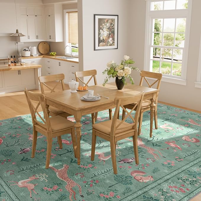 DUKINO 6x9 Rug, Washable Animal Living Room Rug with Non Slip Vintage Design, Soft Low Pile Large Carpet for Bedroom, Nursery, Dining Room, Farmhouse, Playroom, Teal