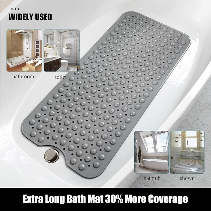 Bathtub and Shower Mats, Extra Long Non-Slip Bath Mat 39 x 16 Inch, Machine Washable Bath Tub Mat with Suction Cups & Drain Holes for Bathroom, Clear Grey