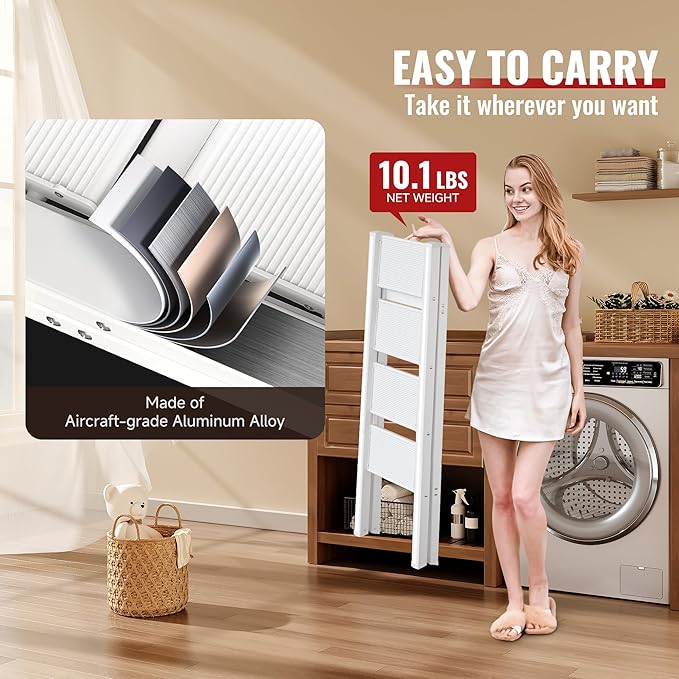 4 Step Ladder, Aluminum Folding Step Stool with Anti-Slip Sturdy and Wide Pedal, Lightweight Portable Stepladder for Home and Kitchen Use, Cream White, 330 lbs
