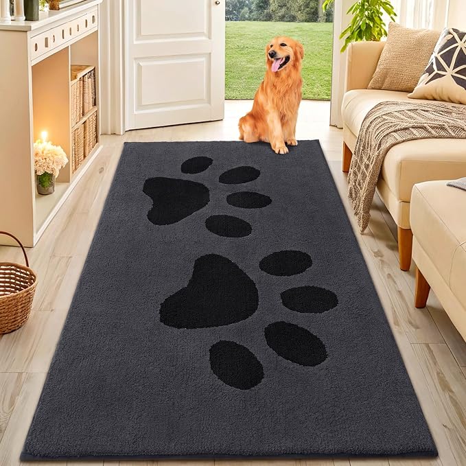 Smiry Dog Door Mat for Muddy Paws, Absorbs Moisture and Dirt, Low-Profile Entryway Mat with Non-Slip Backing, Entry Indoor Outdoor Doormat for Inside Floor (59x35 Inches, Black, Paw