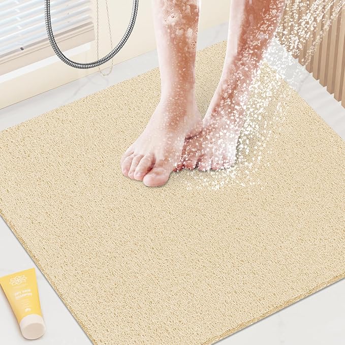 Shower Mat Bathtub Mat Non-Slip,24x24 inch, Soft Tub Mat with Drain,PVC Loofah Bath Mat (Phthalate Free) for Tub and Bathroom,Quick Drying,Khaki