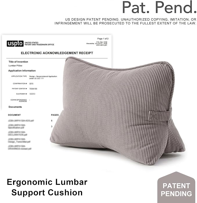 Pat. Pend. Corduroy Lumbar Support Pillow for Watching TV, Reading & Gaming, Triangle Cushion for Sofa, Armchair, Couch or Bed, Removable Washable Cover, Light Gray