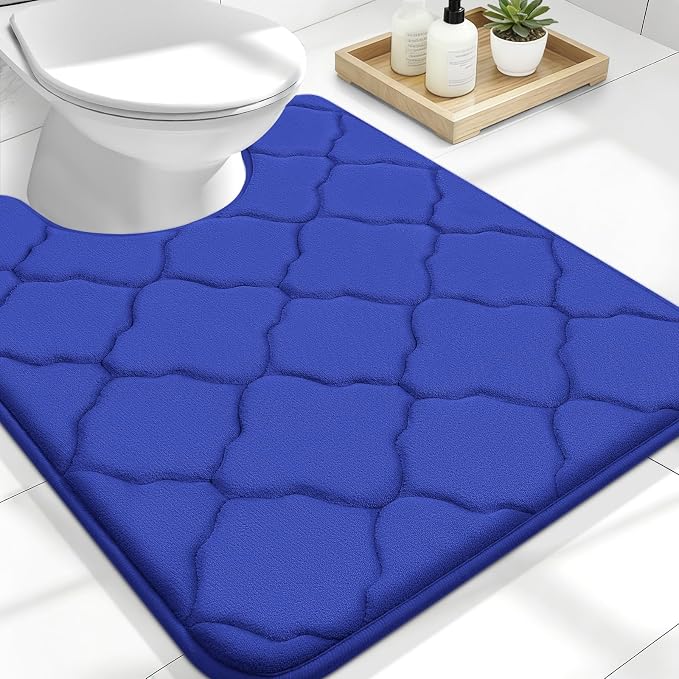 OLANLY Memory Foam Toilet Rugs U-Shaped 24x20, Ultra Soft and Absorbent Bathroom Rugs, Non-Slip, Comfortable, Machine Washable Contour Bath Mat for Toilet Base, Home Decor Accessories, Royal Blue