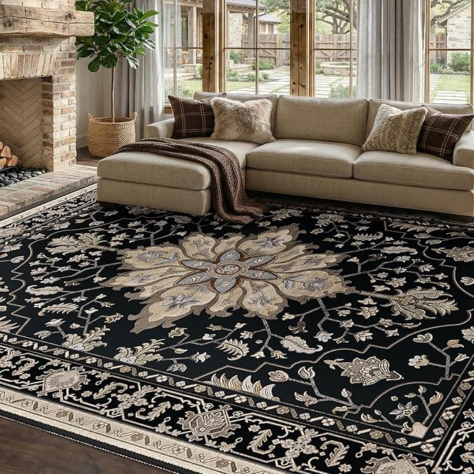 RELEANY Area Rugs 8'x10' Washable Non-Slip, Floral Vintage Distress Medallion Carpet for Living Room Bedroom Dining Room, Black Brown Neutral Dark Tan