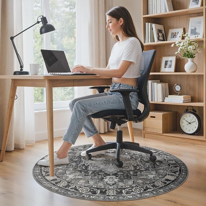 48"x48" Office Chair Mat for Hardwood Tile Floor, Under Desk Carpet Protector for Rolling Computer Chair Mat, Machine Washable Round Area Rug, Anti-Slip 1/5" Thick Low Pile Thin Floor Mat, Black