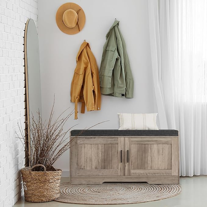 Homleke 2-Tier Storage Bench, Shoe Bench with Thickened Padded Seat Cushion, Entryway Bench with 2 Doors, Adjustable Shelf, 13.8" D x 37.4" W x 18.5" H, for Entryway, Living Room, Bedroom, Greige