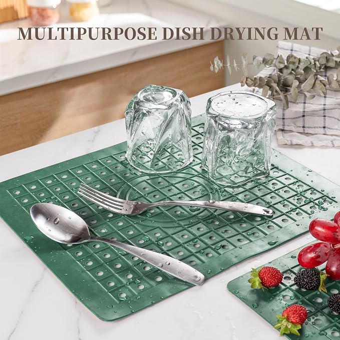 WILLKOMMEN Kitchen Sink Mat, 12" x 10" Dish Drying Mat, Sink Protector Mats for Bottom of Kitchen Sink, Fast Draining Sink Mats Grid, 2 Pack Dark Green