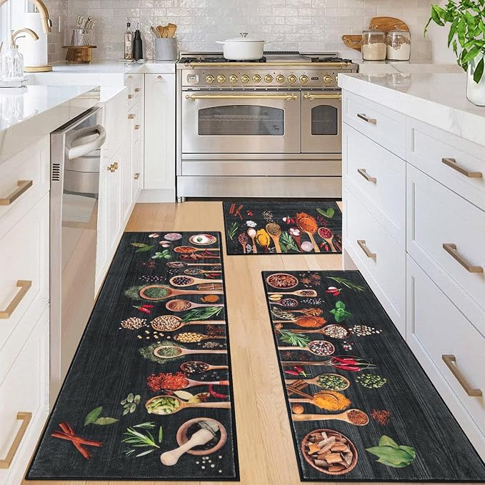 Vaukki Boho Kitchen Rug Sets 3 Pieces, Washable Kitchen Mats for Floor, Non Slip Soft Kitchen Area Rug Floor Mat for Kitchen, Laundry Room and Hallway (Spice-Black, 20''x32''+20''x47''+20''x59'')