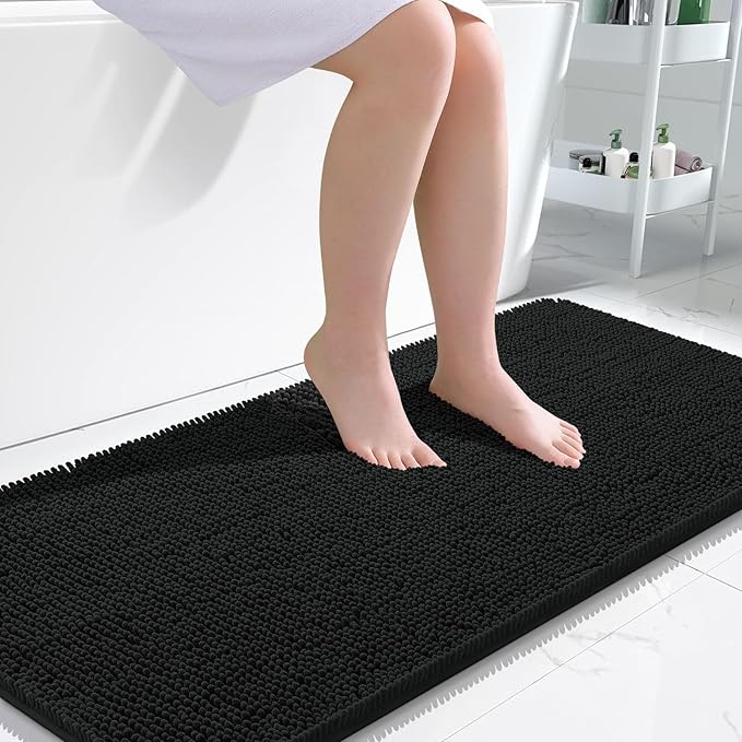 OLANLY Bathroom Runner Rugs 47x24, Extra Soft Absorbent Chenille Bath Rugs, Rubber Backing Quick Dry, Machine Washable Long Bath Mats for Bathroom Floor, Tub and Shower, Home Decor Accessories, Black