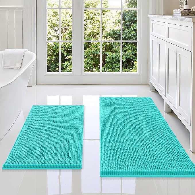 Smiry Bathroom Rugs Sets 2 Piece, Soft Absorbent Chenille Machine Washable Non Slip Shaggy Bath Rug Set for Tub, Shower, and Floor (36x24+30x20, Turquoise)