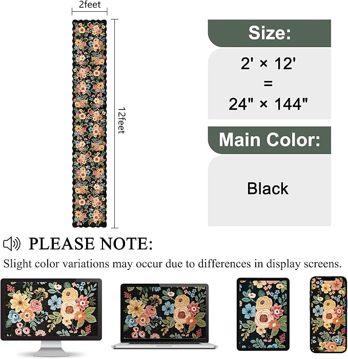 DUKINO 2x12 Runner Rug for Hallway, Soft Floral Washable Kitchen Runner Rug with Non Slip Backing, Lightweight & Low Pile Extra Long Carpet for Entryway, Laundry Room, Entrance, Bedroom, Black