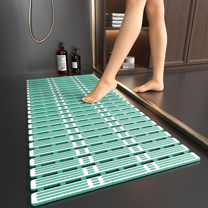 XIYUNTE Shower Mat Non Slip Bath Mat for Tub - 36 x 16 Inch Bathtub Mat Non Slip Shower Mats for Inside Shower, TPE Bath Mat with Suction Cups and Drain Holes, Easy to Cut, Green