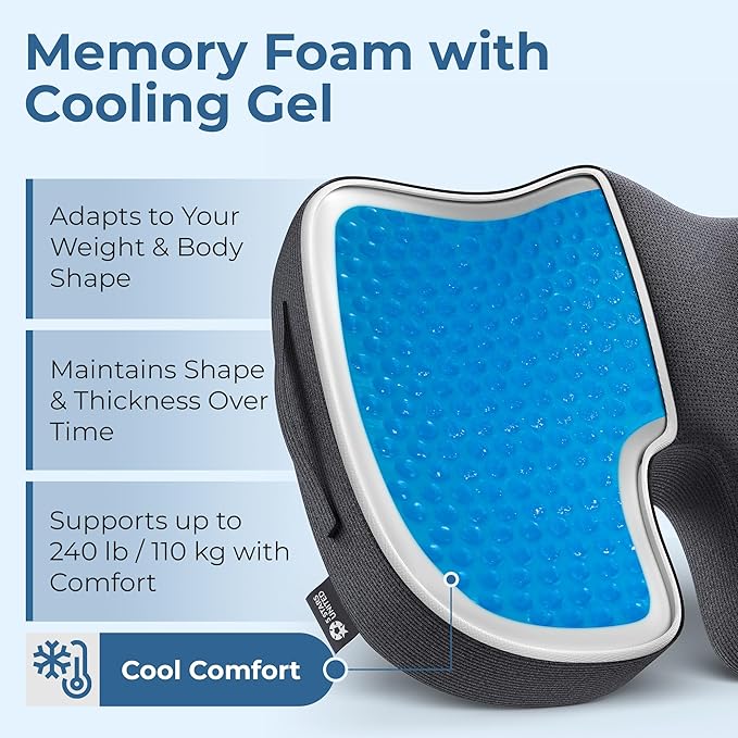 5 STARS UNITED Seat Cushion - Memory Foam & Cooling Gel - Chair Cushion for Tailbone Pain Relief - Ergonomic Support for Coccyx, Sciatica & Butt - Office, Desk & Gaming Chair, Car, Wheelchair, Black