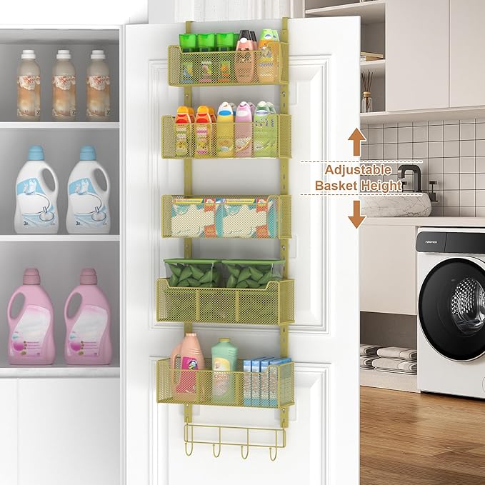 VyGrow Over The Door Organizer, Metal Door Organizer Hanging with 5 Adjustable Baskets and Coat Hook, Behind The Door Storage for Bedroom Closet Bathroom Pantry Cabinet Kitchen, Gold