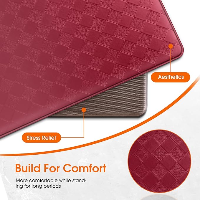 TranquilRelax Kitchen Mats, 2PCS Kitchen Rugs, Cushioned Anti Fatigue Kitchen Mats for Floor, Non-Slip Standing Desk Mat, Waterproof Kitchen Rug Set for Kitchen, Floor, Office,17.3"×30"+17.3"×47",Red