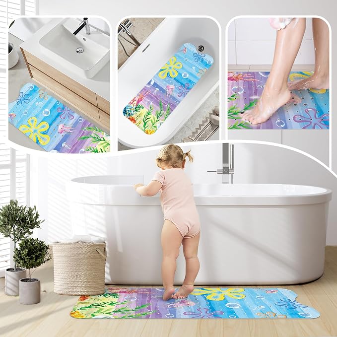 SHUCHING Girl Bath Mat for Tub Non Slip-40 X 16 Inch, Bathtub Mat Non Slip, Long Toddler Baby Kids Shower Mat for Bathroom, Beach Ocean Sea