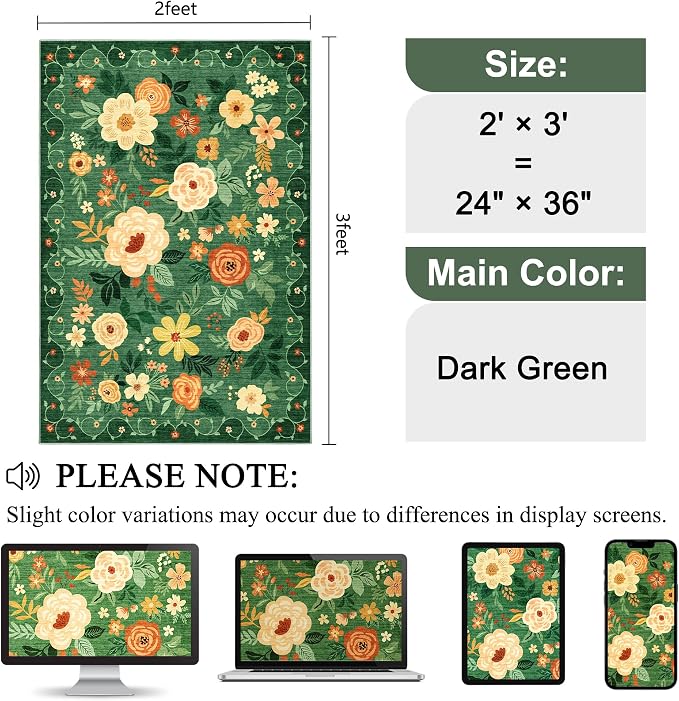 DUKINO 2x3 Rugs for Entryway, Floral Indoor Washable Door Mat, Non Slip Boho Small Rug for Kitchen, Soft Low Pile Front Door Throw Rug for Entrance, Bedroom, Kitchen, Laundry, Bathroom, Dark Green