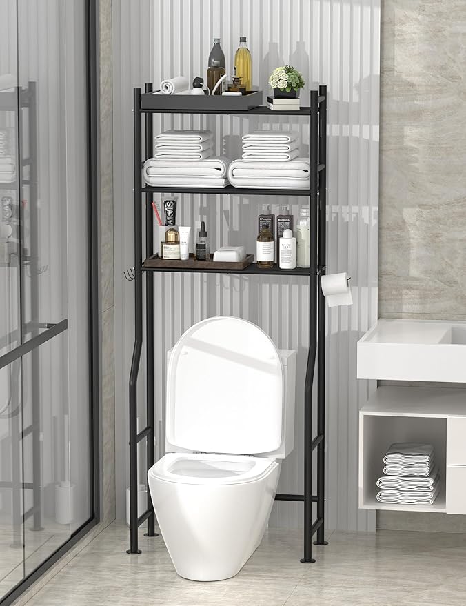 Livilord 3-Tier Over The Toilet Storage, Freestanding Metal Bathroom Shelves with 4 Hooks, Over Toilet Storage Shelf with Paper Holder, Above The Toilet Shelf for Bathroom Storage, Black