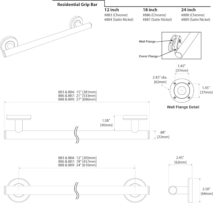 Gatco 889 Latitude II 24" Grip Bar, Satin Nickel / Wall Mounted Slim Grip Bar for Bathroom
