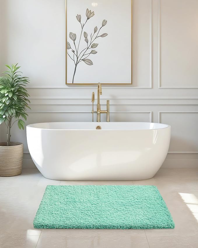 ILANGO Spa Blue Bathroom Rugs 32" × 20" Non Slip & Super Absorbent Extra Thick Soft, Washable Bath Mat for Floor, Microfiber Plush Shaggy Bath Rug with Rubber for Bathtub Shower Room Sink